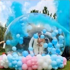 Couple dans la bulle avec fumée bleue et ballons roses et bleus
